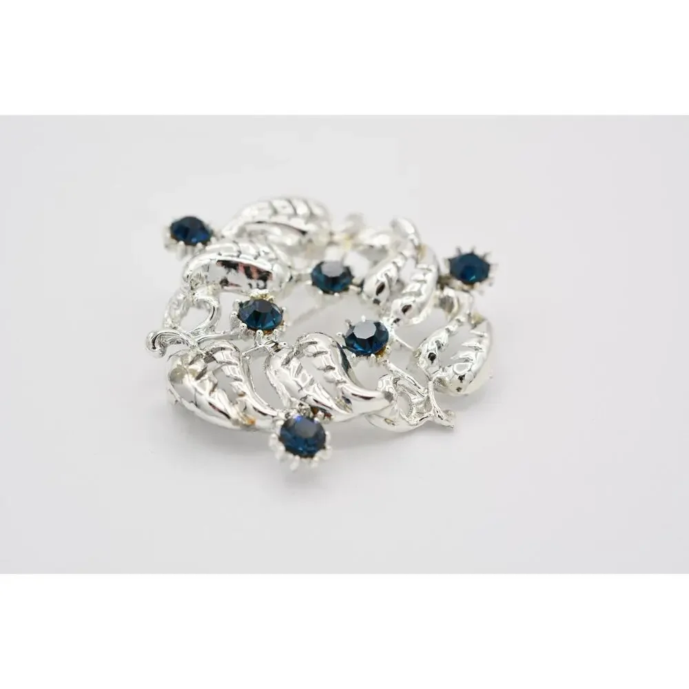 Vintage Crystal Leaf Wreath Pin Blue Rhinestone Silver Tone Heavy 1980s BinAT